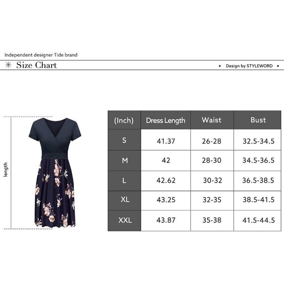 Womens Summer Short Sleeve V-Neck  Floral Wrap Waist Casual Dress with Pockets - Picture 6 of 6